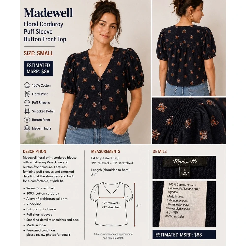 Madewell Floral Corduroy Puff Sleeve Button Front Top Small MSRP $88